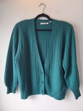 Rino Rossi Teal Ribbed Balloon Sleeve Button-Front V-Neck Cardigan Sz Lg